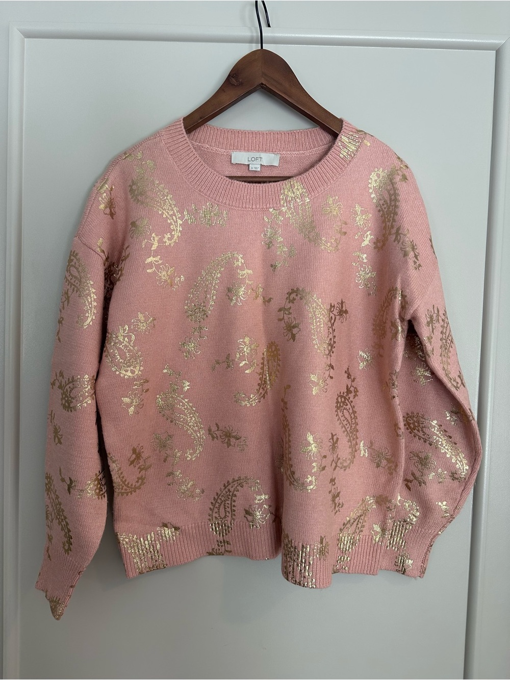 LOFT Pink Crewneck Sweater with Gold Paisley Foil